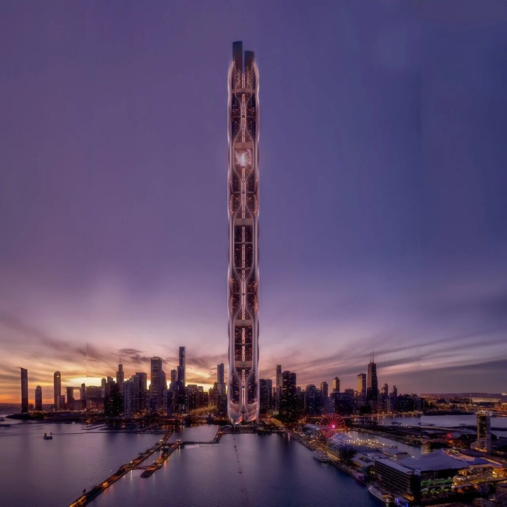 Night view of the illuminated Eden Rise skyscraper glowing in the center of a coastal city skyline at twilight.