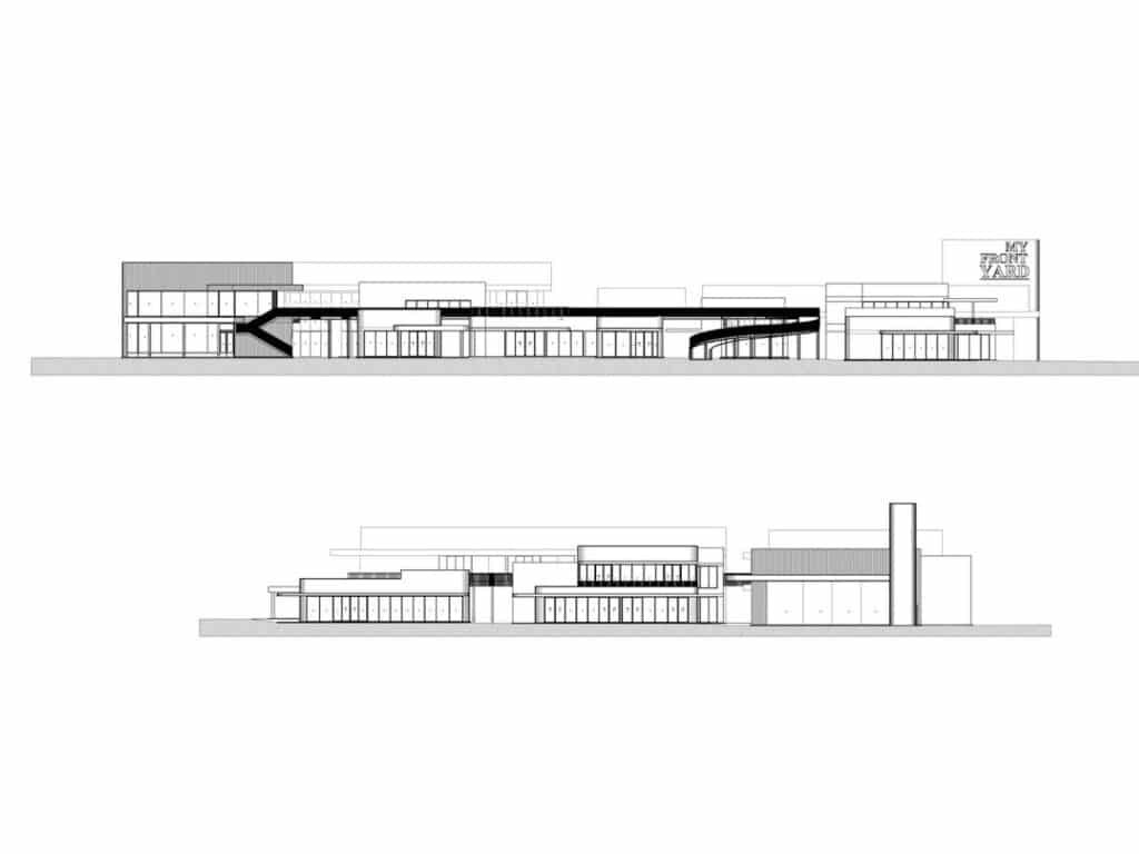 Architectural elevation drawing of My Front Yard project showing the profile of pavilions and the connecting ramp.
