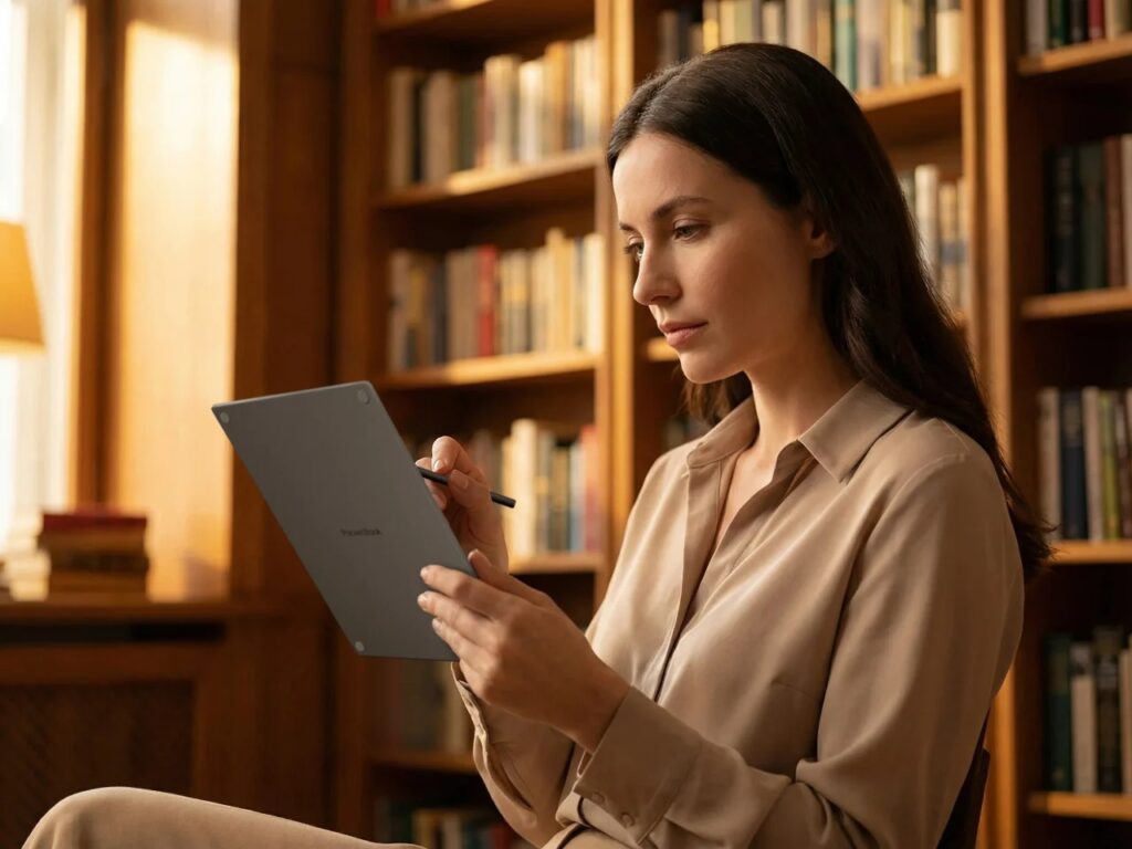 A woman in a library setting holding a PocketBook InkPad One and using the stylus to take notes in a comfortable, focused environment.