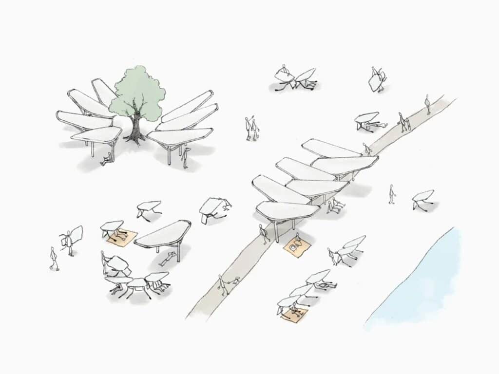Architectural concept sketch showing various social configurations and placements of Seoul Wing structures in a public space.