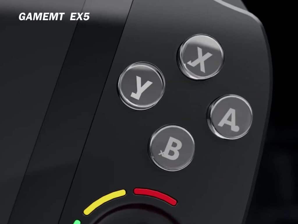 Macro shot of the transparent X, Y, A, B action buttons on the GameMT EX5 console.
