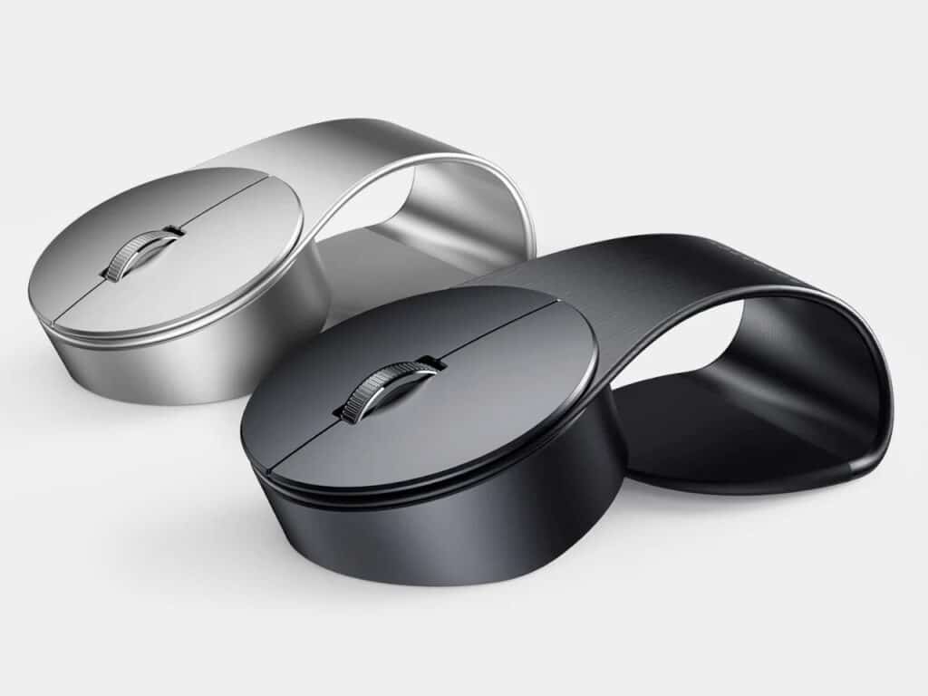 Close-up of silver and black Bondclip mice side-by-side on a white surface, showing the scroll wheel and matte texture.