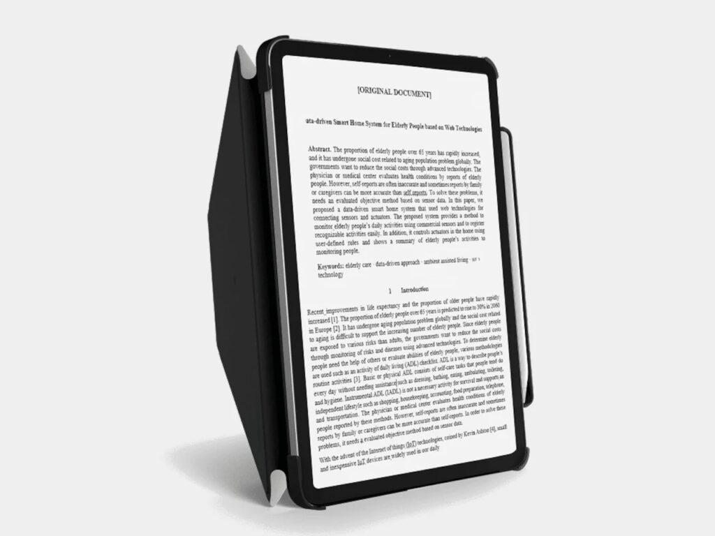 iPad in vertical portrait mode displaying a scientific document, supported by the folding folio stand.