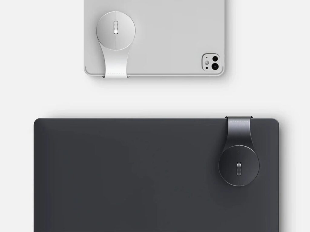 Top view of two Bondclip mice, one silver and one black, clipped onto a tablet and a laptop.