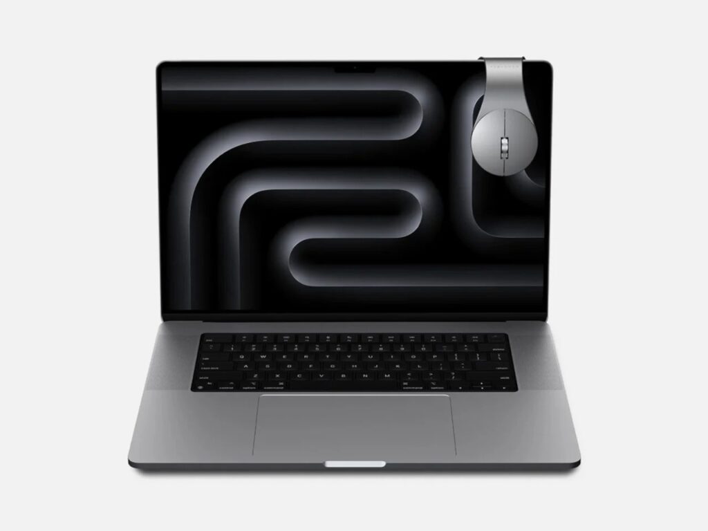 Front view of a MacBook with a silver Bondclip mouse attached to the top right corner of the screen.