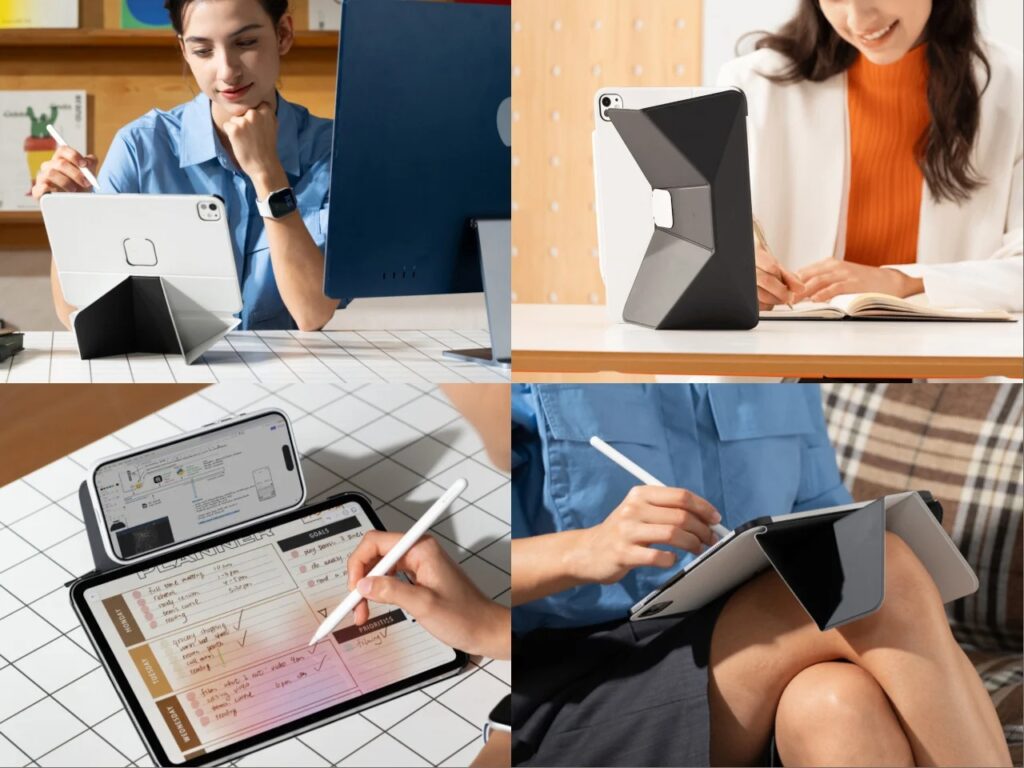 A 4-panel collage showing a person using the iPad folio case in a desk setup, a standing portrait mode, a lap-desk setup, and a dual-screen setup.
