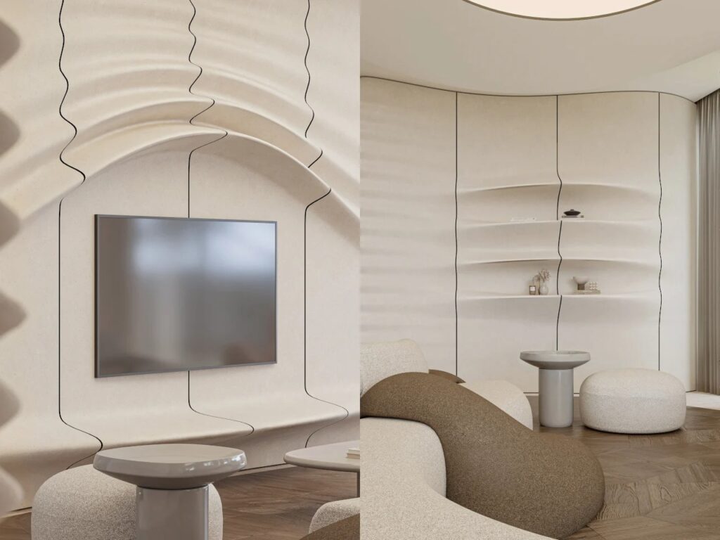 Detail of interior wall integration with a recessed television and minimalist shelving following the organic wave pattern.