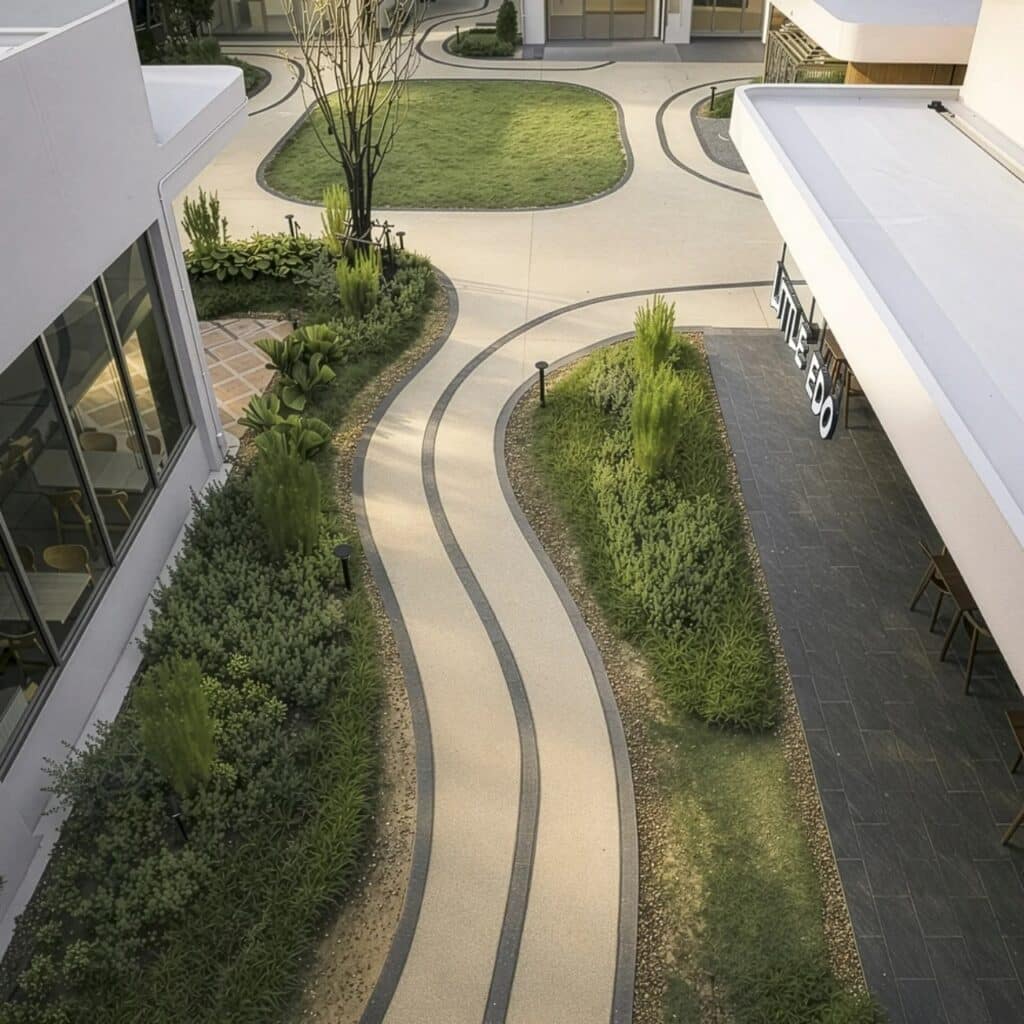 Curving garden paths with lush green landscaping between white commercial buildings at My Front Yard.