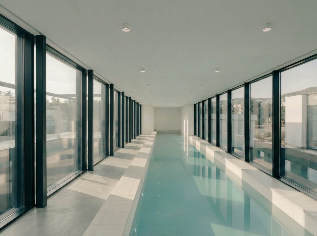 Long indoor swimming pool with a glass wall overlooking the central courtyard in the Okrokana house.