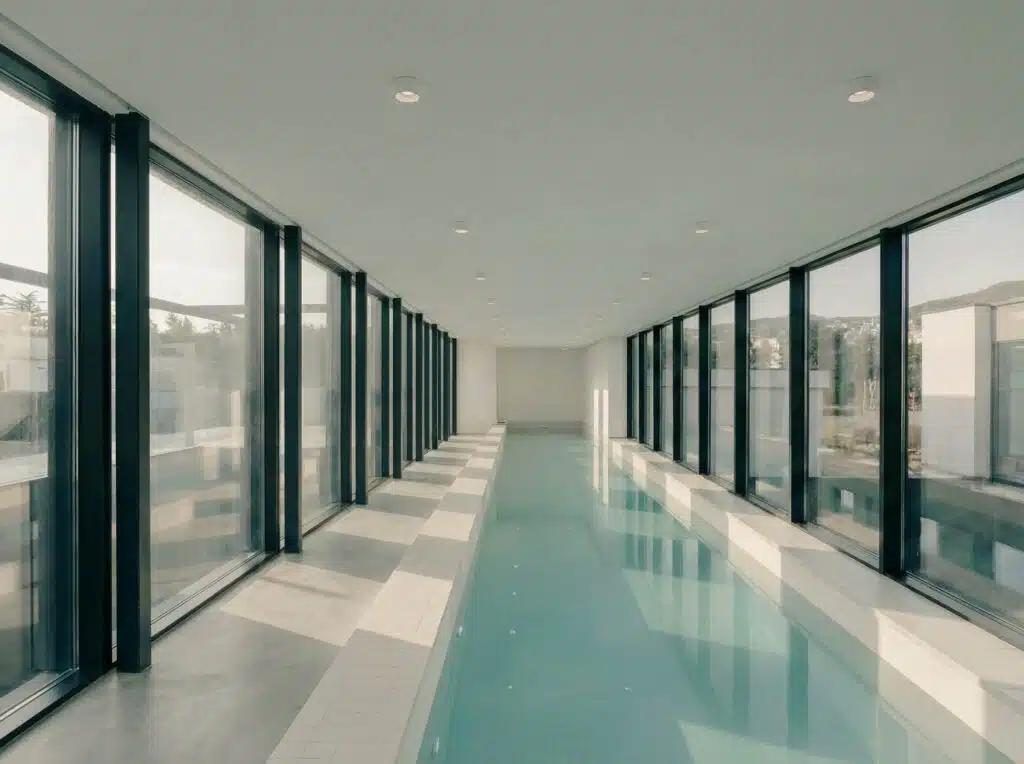 Long indoor swimming pool with a glass wall overlooking the central courtyard in the Okrokana house.