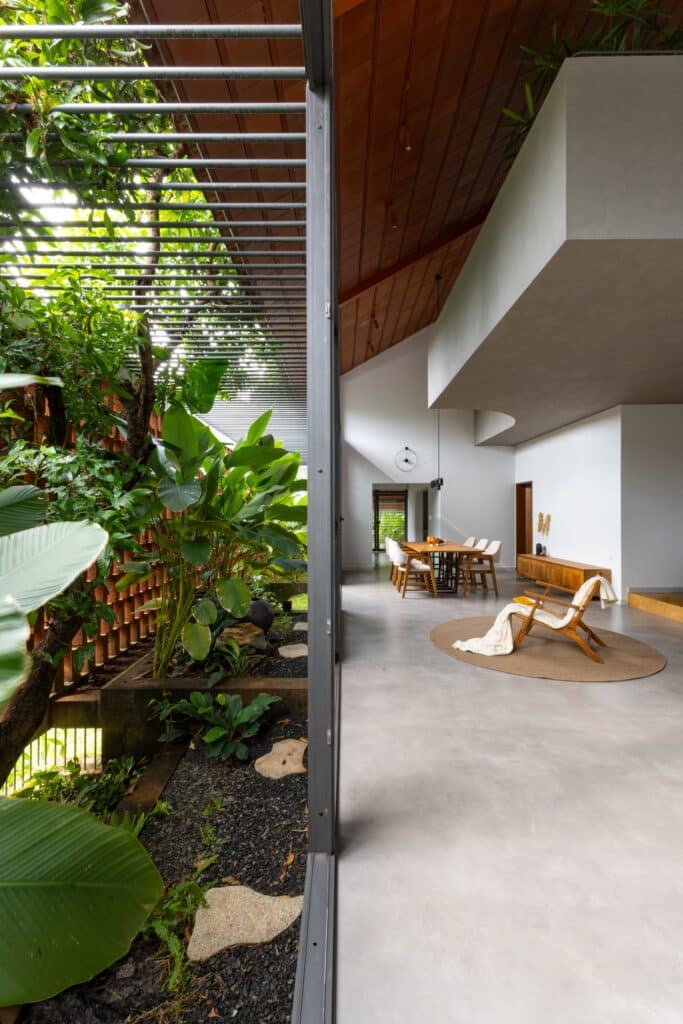 View from a shaded indoor garden looking into a bright minimalist dining room with large glass openings.