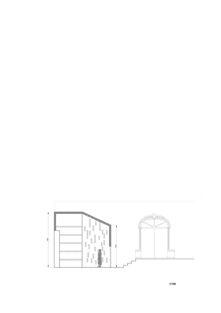 Architectural section drawing of the Requena Pantheon comparing its height and scale to a person and a traditional arched entrance.