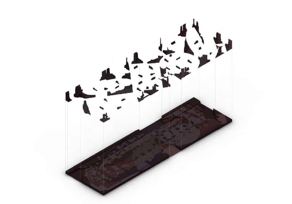 An exploded axonometric architectural diagram of the "In the Assembly of Loved Ones" installation showing the different layers of the structure.