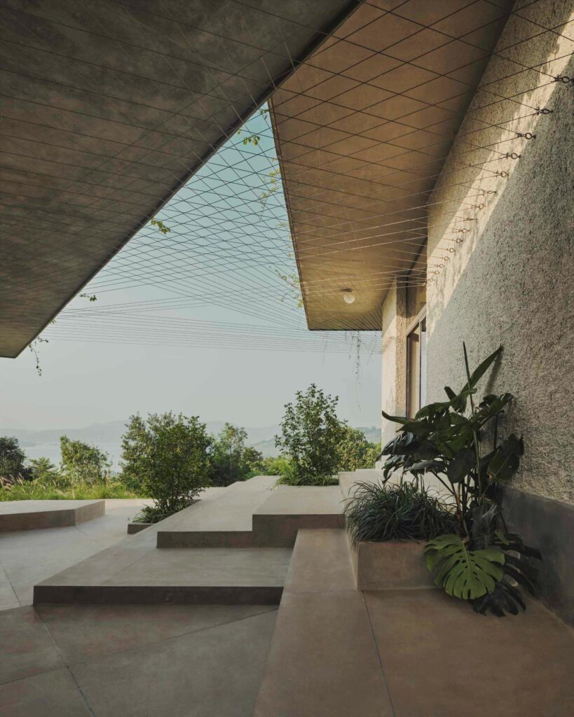 Detail of concrete roof slabs with a wire mesh structure for climbing plants and potted tropical greenery.