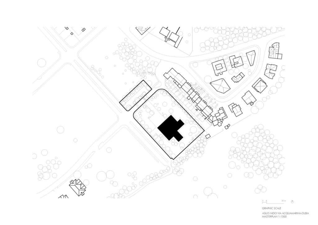Architectural masterplan of the Via dell&rsquo;Acquamarina Nursery showing the building footprint and surrounding context.