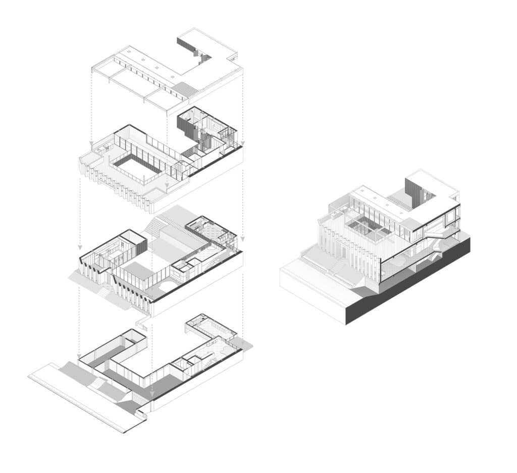 Black and white axonometric exploded view diagram of the Okrokana residence showing the three-story structural layers.