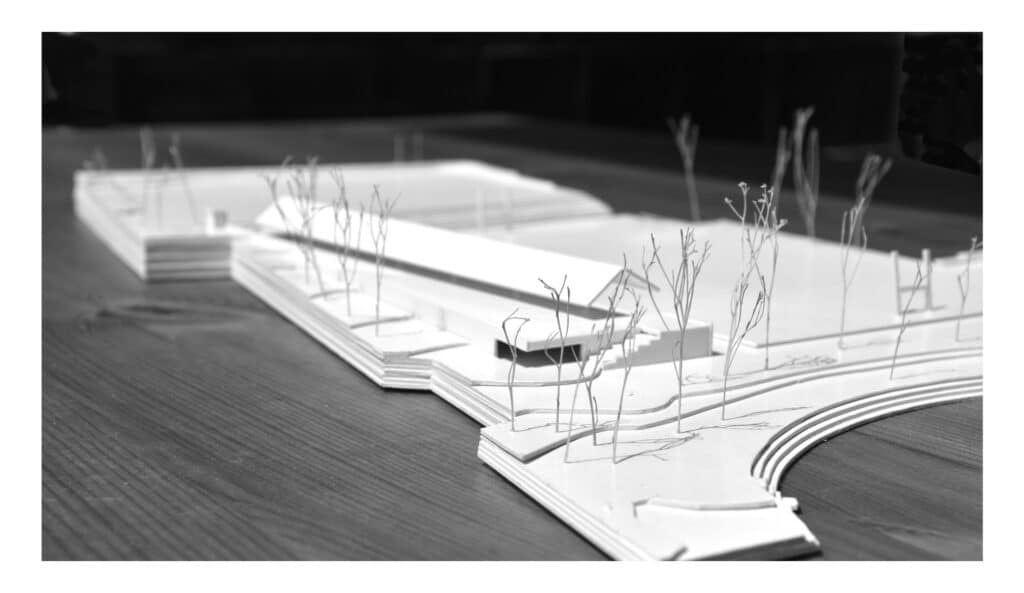 Architectural scale model of Ramalde Sports Park showing the master plan and building layouts.