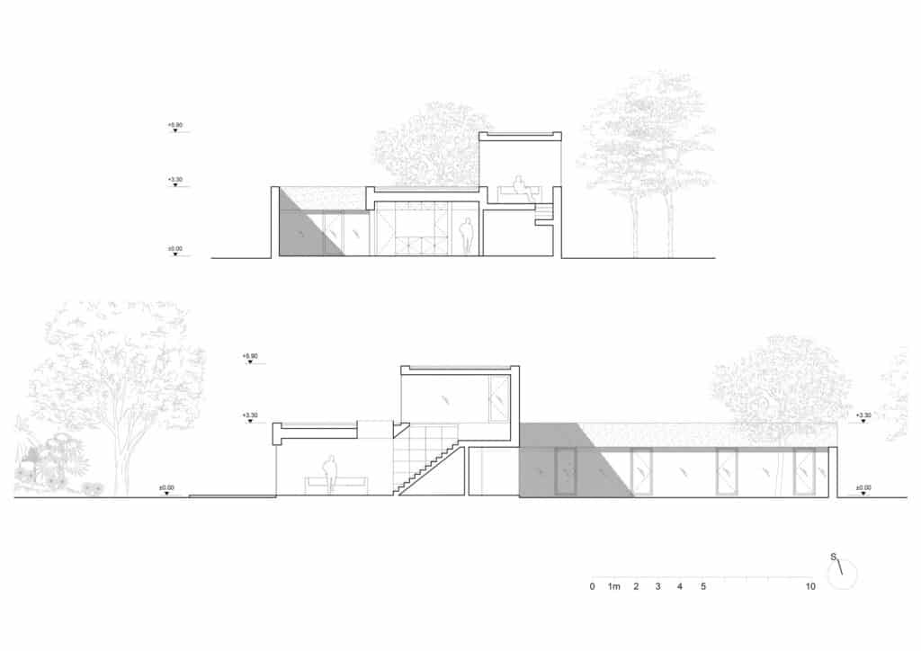 Architectural cross-sections of Sestajovice House illustrating the vertical workspace extension and site levels.