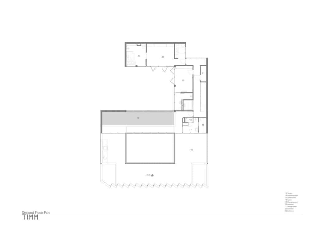Second floor plan of the Okrokana residence labeled with rooms including the swimming pool, bedrooms, and terrace.