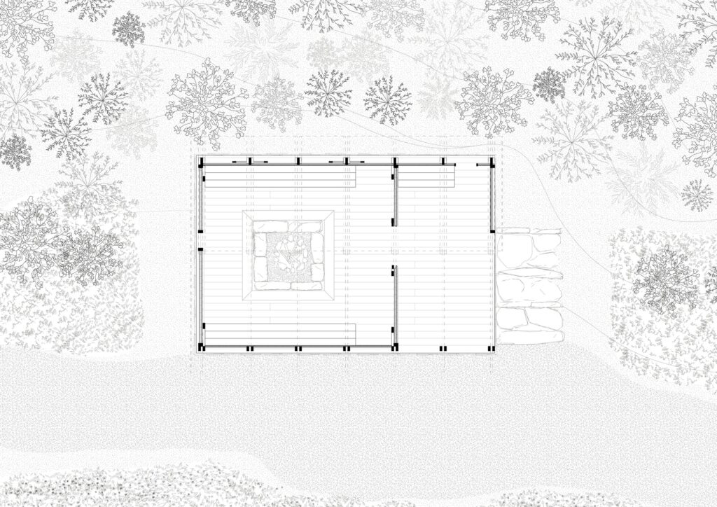 Architectural floor plan of the 24 square meter GL&Oslash;DE shelter showing the central fire pit and perimeter seating.