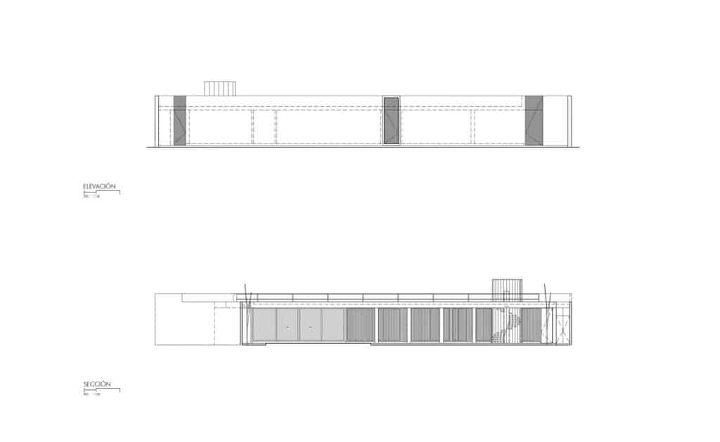 Technical architectural drawings showing the side elevation and a cross-section of the house.