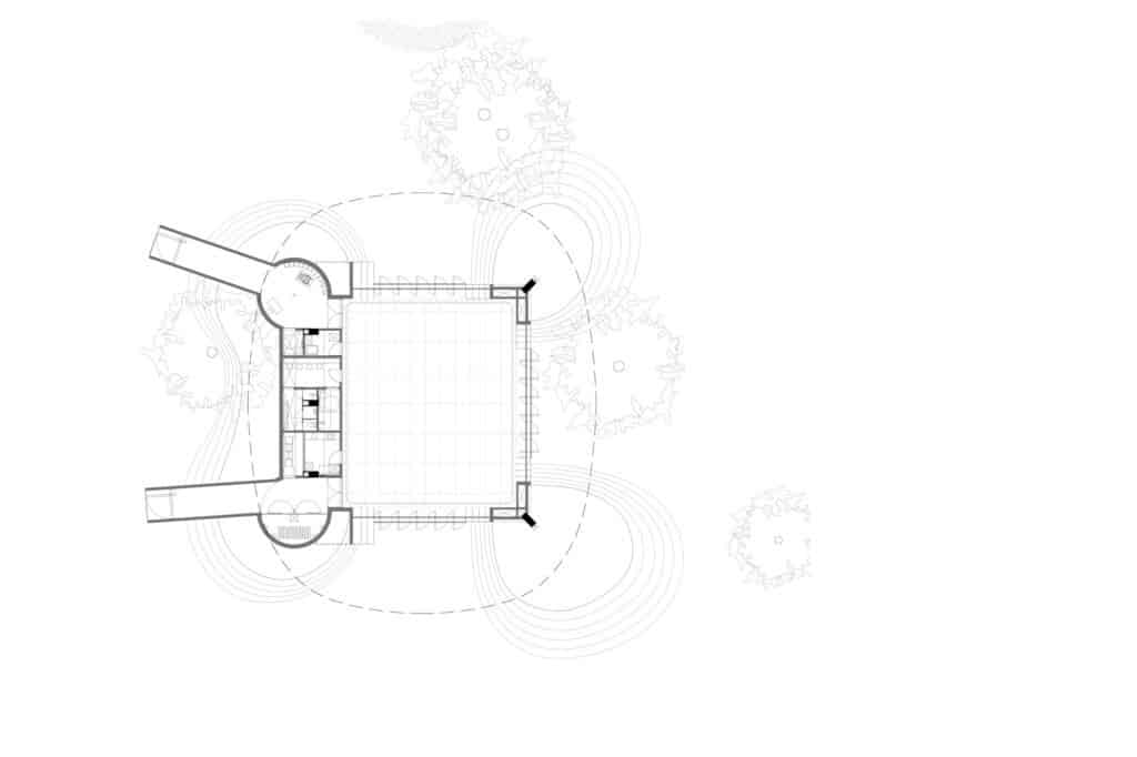 Architectural floor plan of a pavilion showing a central square hall, service areas, and surrounding circular landscape elements.
