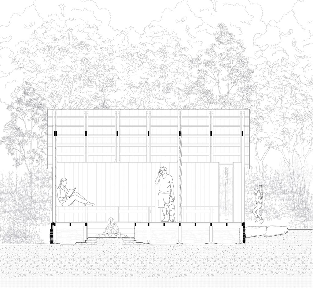 Longitudinal section drawing of GL&Oslash;DE shelter showing human figures, the central fire, and the relationship with the forest edge.