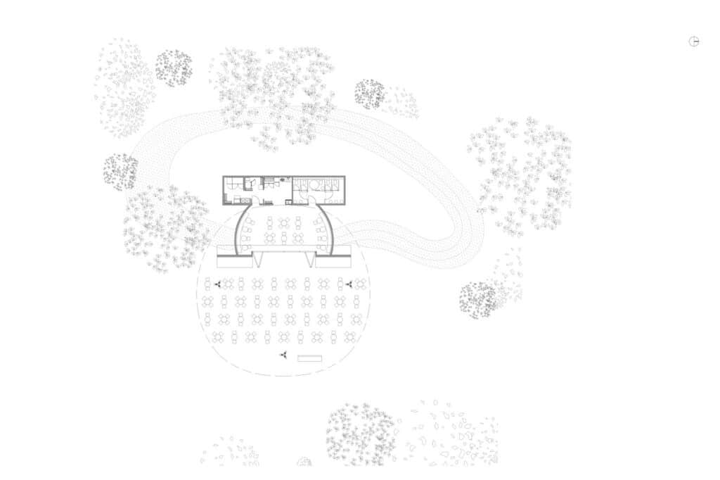 Architectural floor plan of a cafeteria pavilion showing seating arrangements and integration with the surrounding trees.