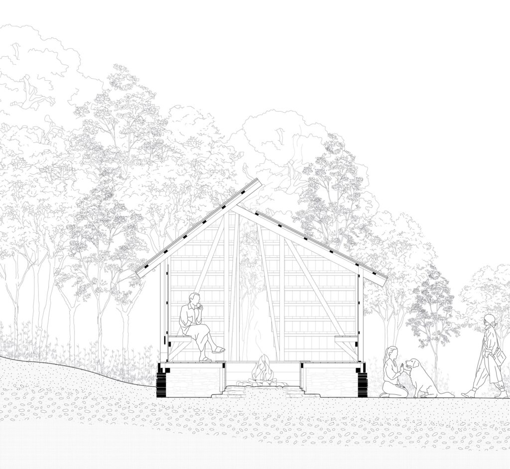 Cross-section architectural drawing of GL&Oslash;DE shelter featuring the sloped roof, interior seating, and outdoor integration.