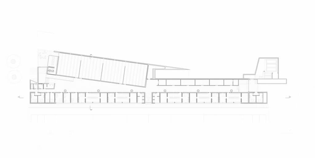 Technical floor plan of the Ramalde Sports Park support building illustrating changing rooms and offices.