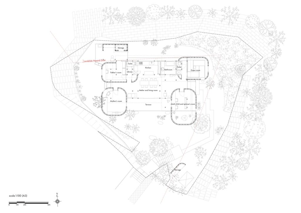 Detailed architectural floor plan of Haniyasu House labeling communal areas, creative rooms, and the surrounding sloped landscape.