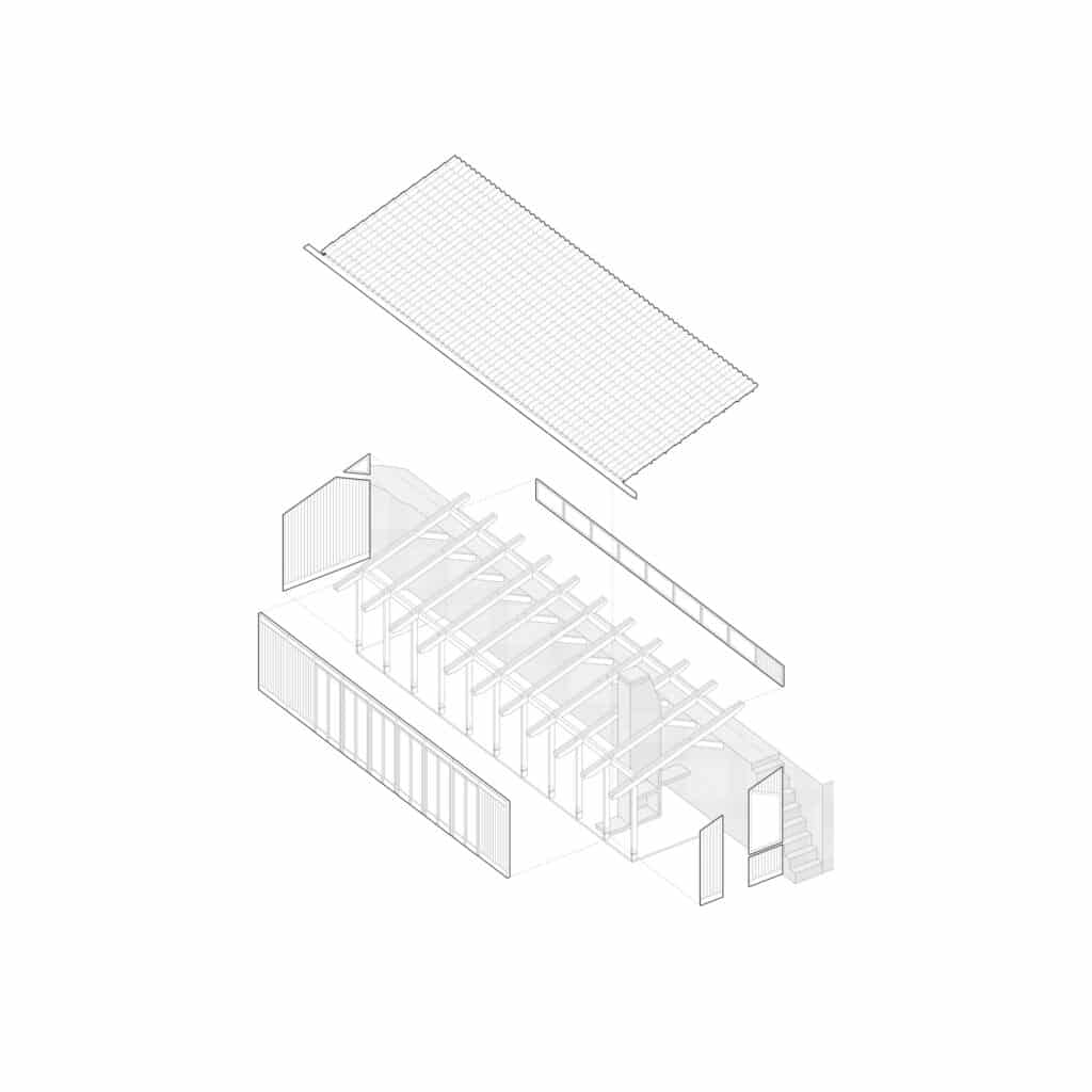 Exploded axonometric diagram of the wooden pavilion showing the roof, timber frame, and interior elements.