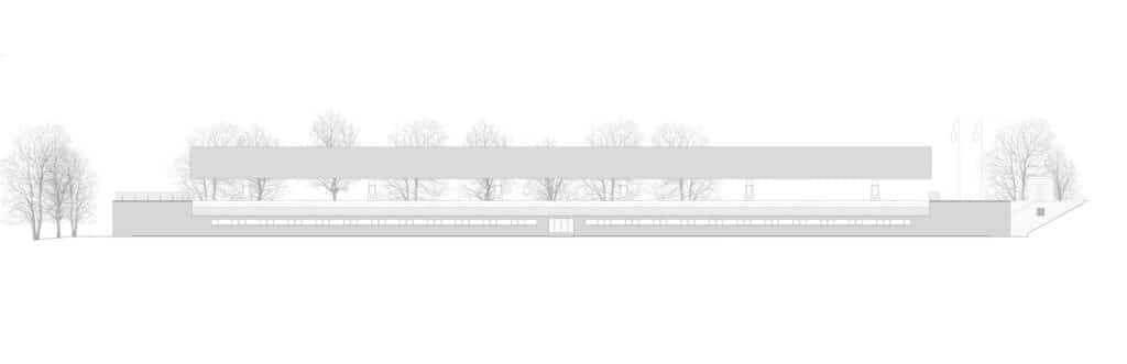 West elevation technical drawing of the Ramalde Sports Park grandstand and support facility.