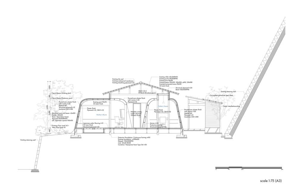 Architectural section drawing showing the height relationship between the original timber roof and the new earthen room additions.