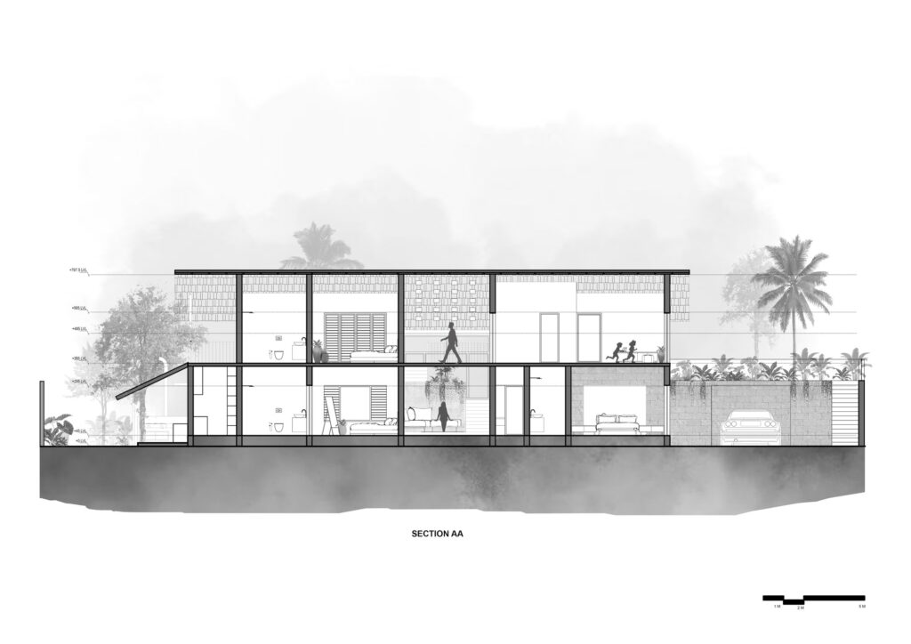 Architectural cross-section drawing (Section AA) showing the double-height living spaces, bedroom levels, and the integration with the sloping site.