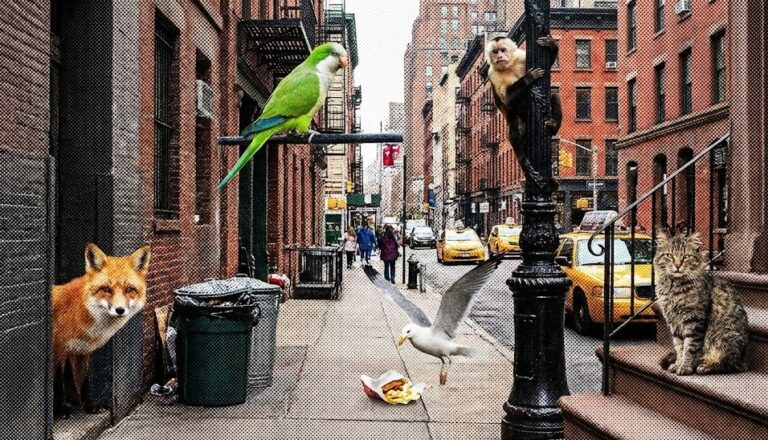 A halftone pop-art illustration of a classic city street where various animals, including a fox, parrot, seagull, monkey, and cat, coexist with the urban environment alongside pedestrians and yellow taxis.