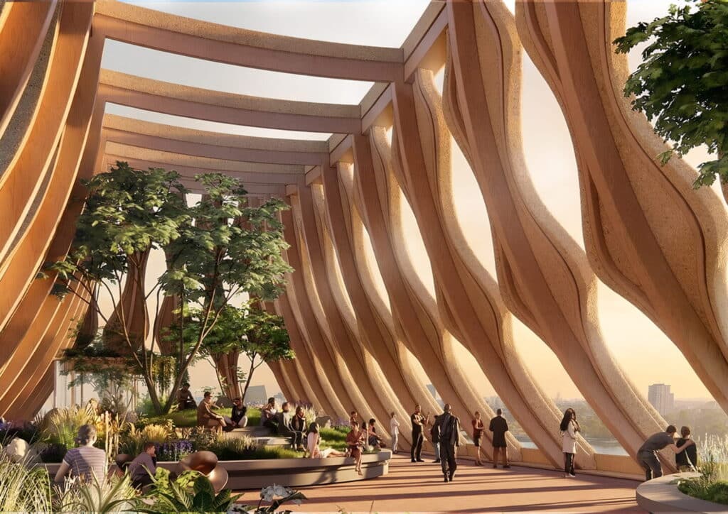 Interior view of the proposed climate landmark featuring organic wooden pillars and a multisensory exhibition wall.