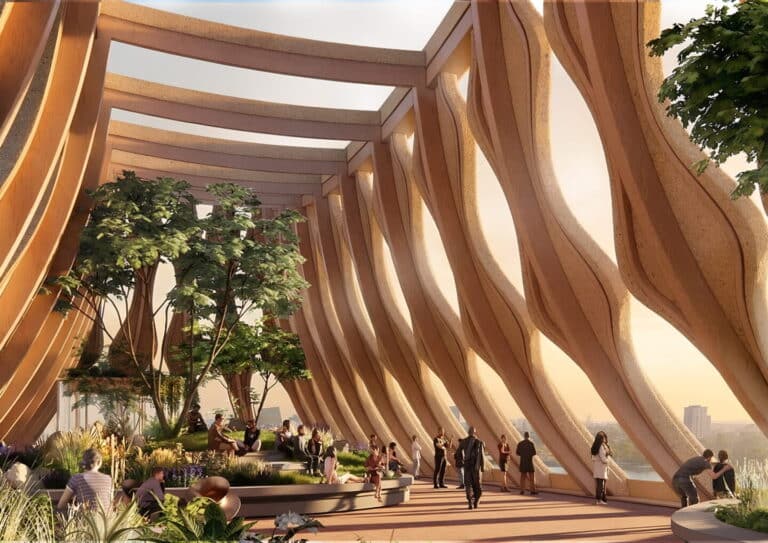 Interior view of the proposed climate landmark featuring organic wooden pillars and a multisensory exhibition wall.