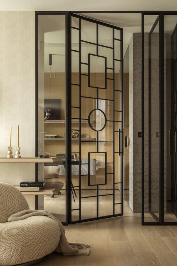 Serene modern apartment interior in Artistic Powiśle by modeko.studio combining art pieces and minimalist architecture.