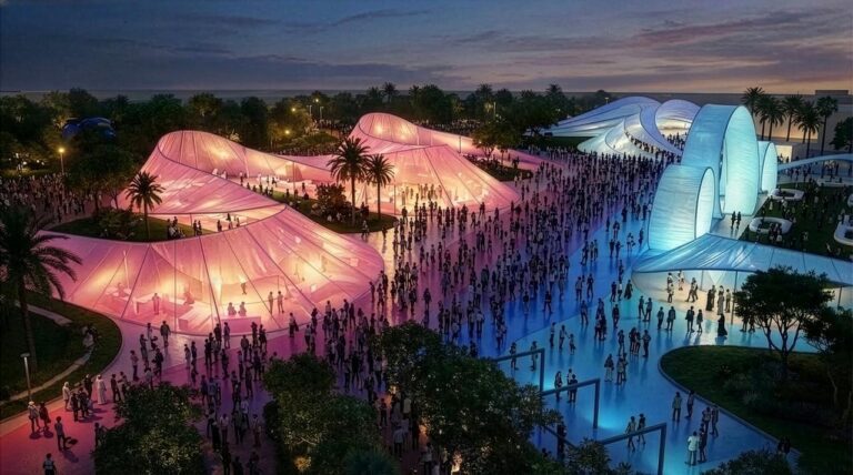 Illuminated curved fabric walkways at Shakira Stadium at night