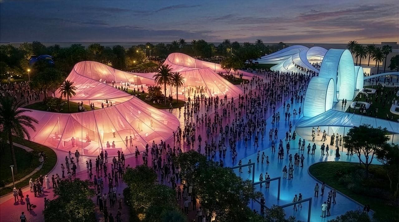 Illuminated curved fabric walkways at Shakira Stadium at night