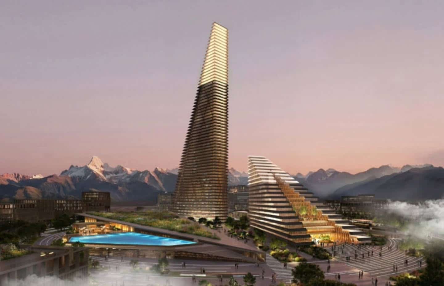 Panoramic view of the Alatau District towers and podium with mountains in the background