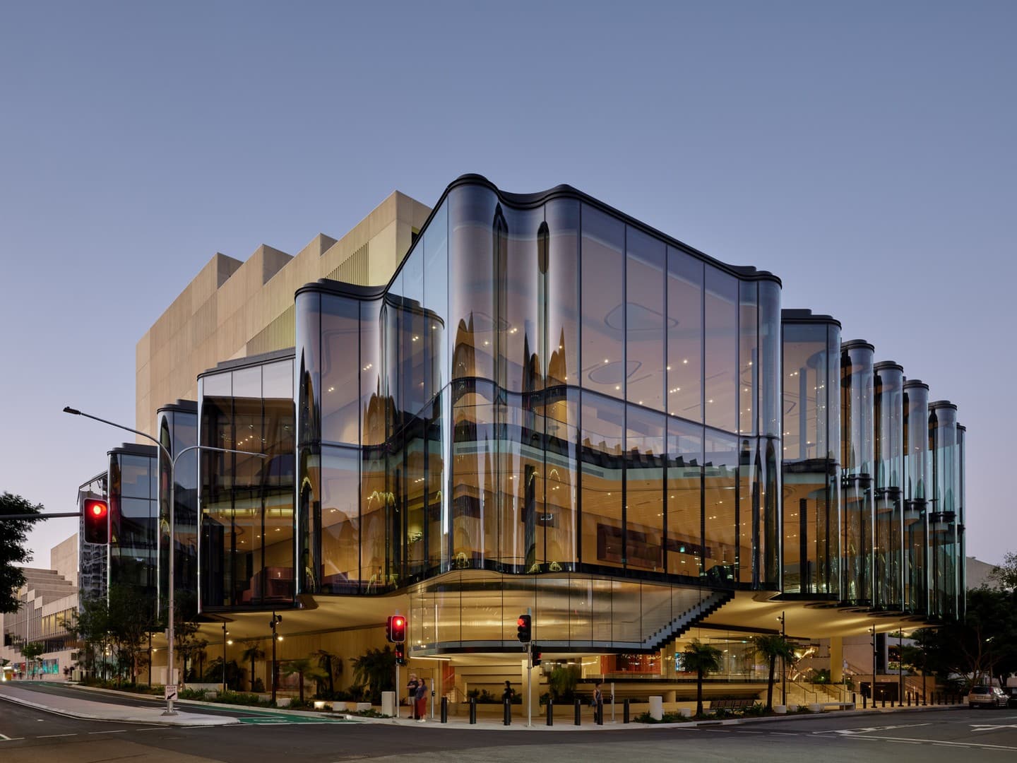 Glasshouse Theatre exterior showing its rippling glass facade on a Brisbane street corner
