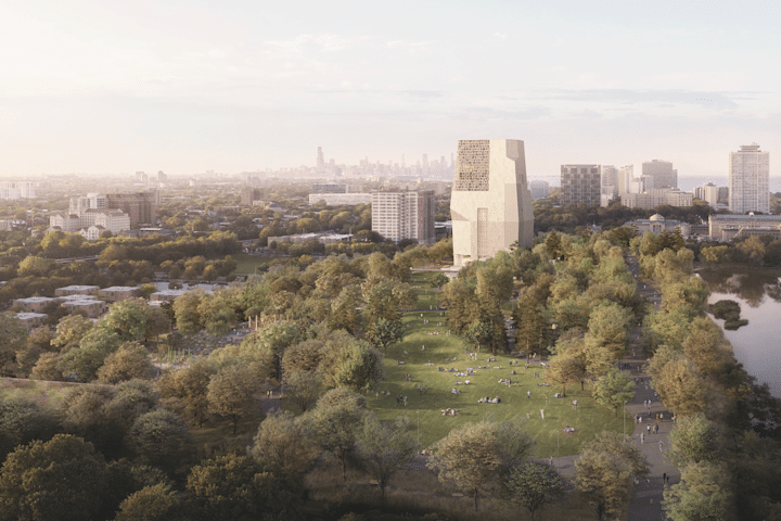 Aerial rendering of the Obama Presidential Center surrounded by lush green spaces in Jackson Park with the Chicago skyline.