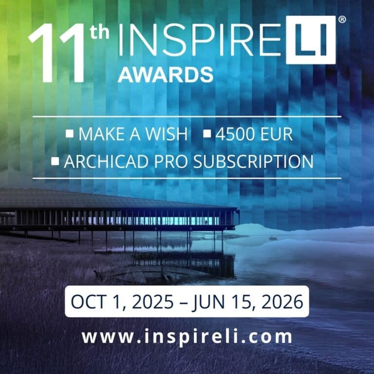 INSPIRELI AWARDS international architecture student competition promotional graphic highlighting global design participation.