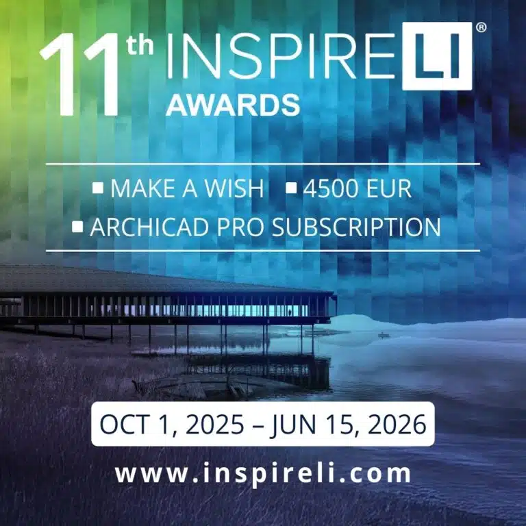 INSPIRELI AWARDS international architecture student competition promotional graphic highlighting global design participation.