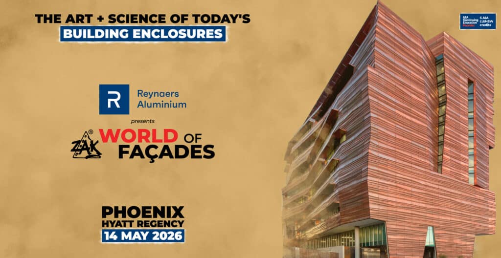 Zak World of Façades Phoenix 2026 conference banner highlighting innovations in façade design, engineering, and building envelope technologies.