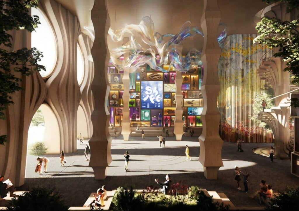 تصميم خارجي لمقترح معلم مناخي مستوحى من الشعاب المرجانية في واجهة روتردام البحرية مع مشاة وقوارب.