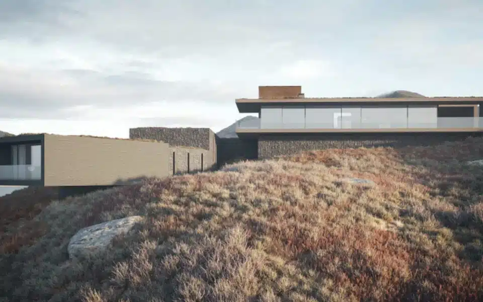 Proposed Roshven residence with green roof and stone walls blending into Scottish Highlands terrain under overcast sky