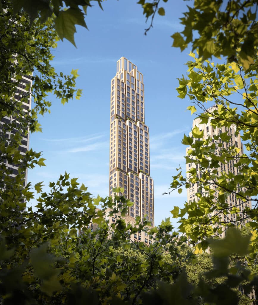 Full vertical rendering of the 520 Fifth Avenue supertall tower as seen from Bryant Park, featuring a rising parametric facade system.